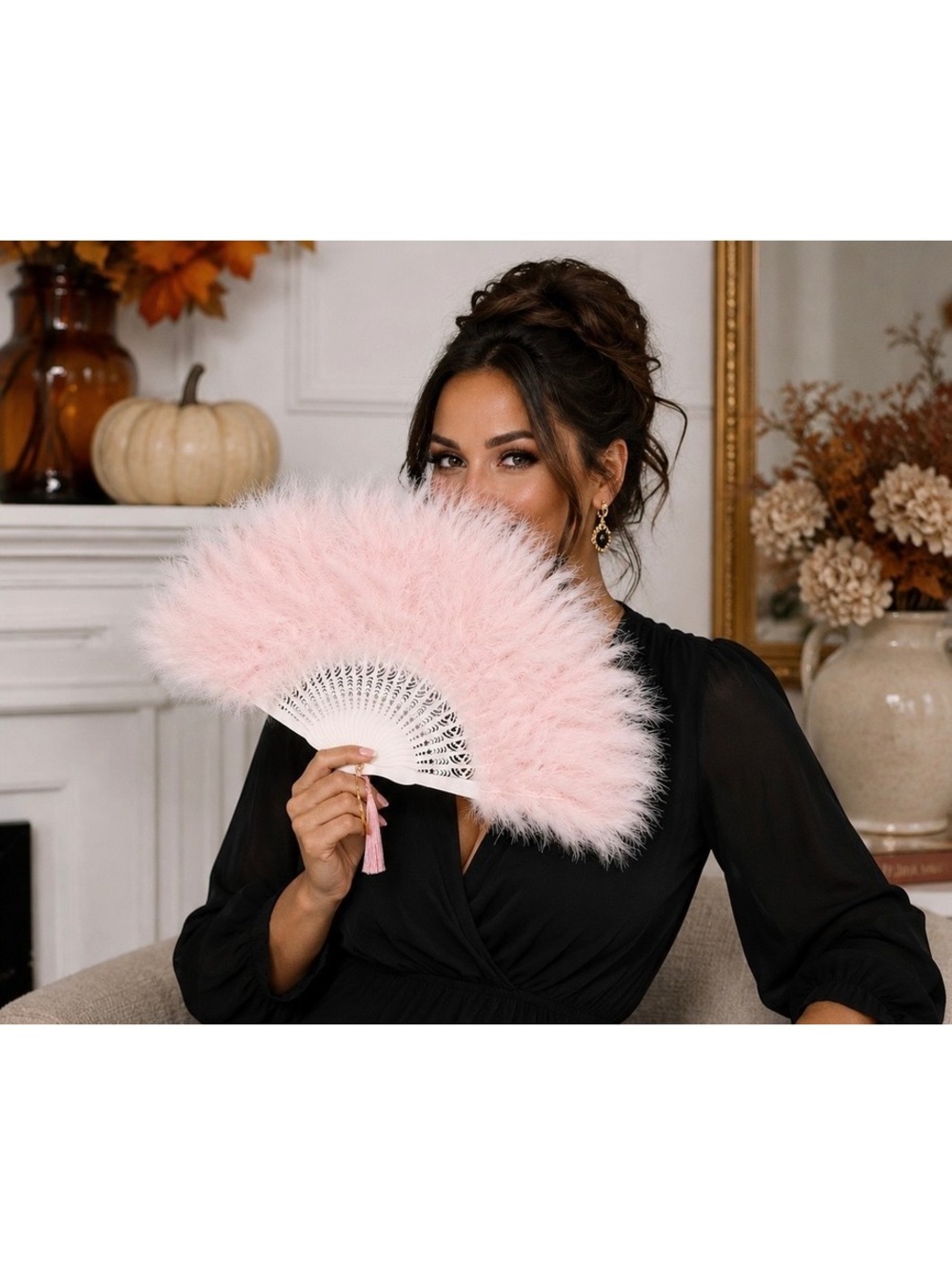 1081 New Beautiful Light Pink Feather Hand Fan 10"x18" with Tassel A0001081